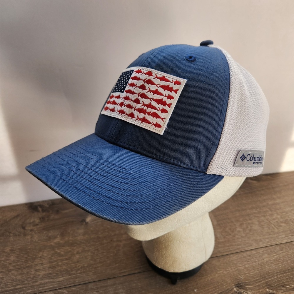 Columbia PFG Fish American Flag Flexfit Baseball Hat Cap Size L/XL Blue White
